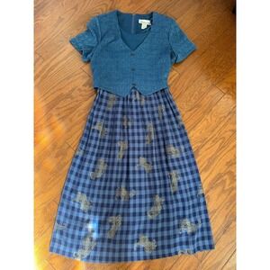 Allison Che Women's Sz 12 Blue Knit Vest Prairie Dress  Check‎ Paisley Vintage